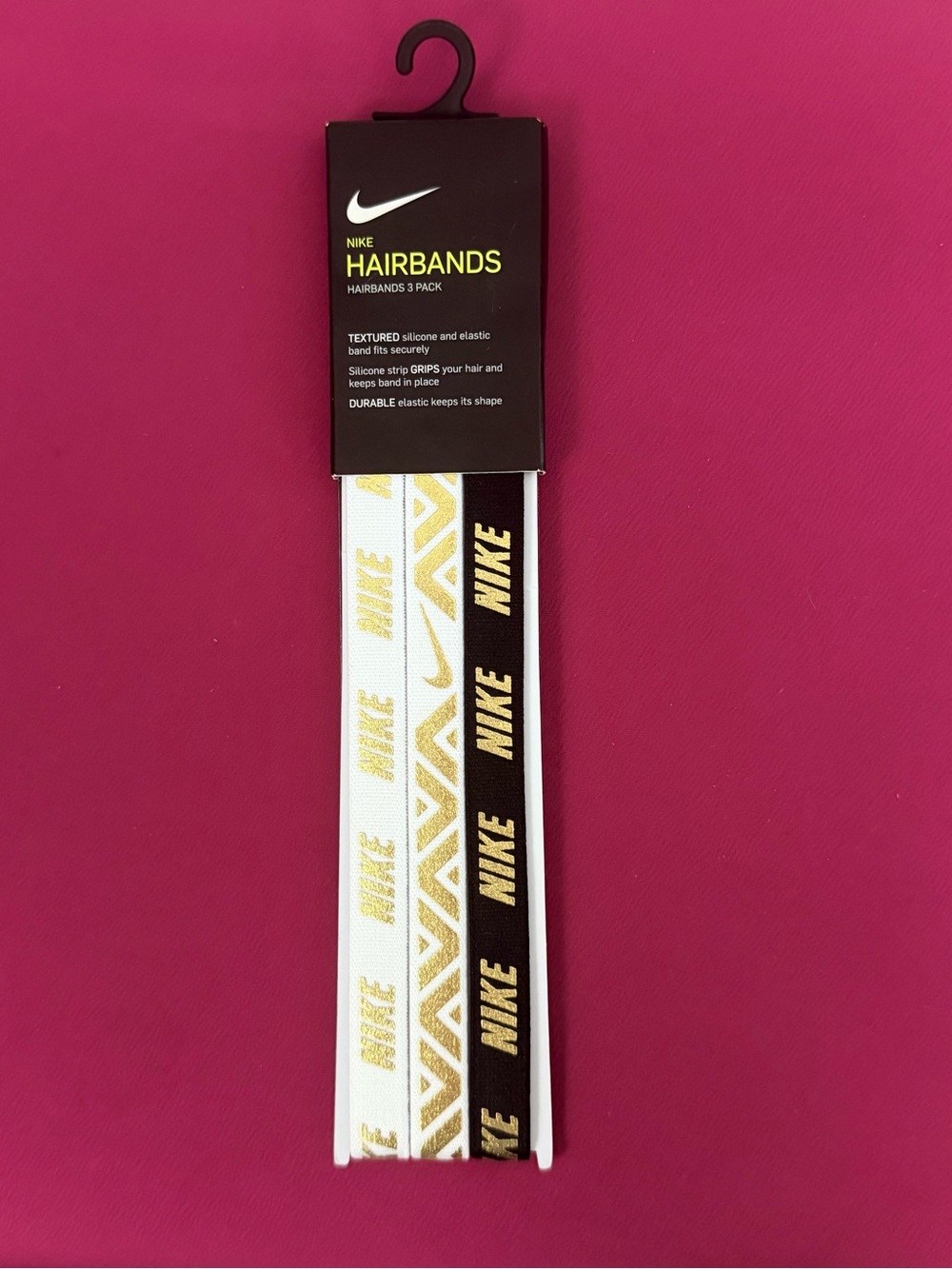 Nike Unisex 3-Pack Elastic Hairbands - White, Gold, Black W/Silicone Grip Strips